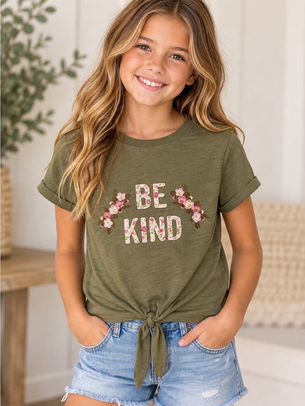 Matilda Jane Girls Size 10 Be Kind Floral Embroidered Tie Front Top Olive